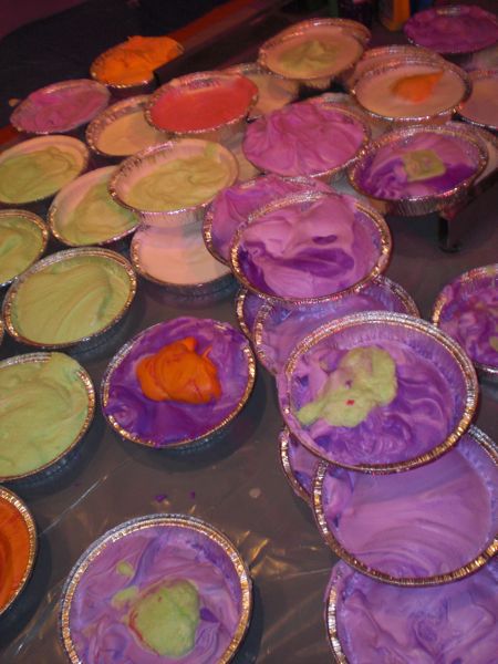 Once at the Brick, an assortment of colored cream pies awaited.